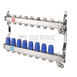 Коллектор из нержавеющей стали в сборе, 8 выходов, без расходомеров, c дренажным краном и воздухоотводчиком 